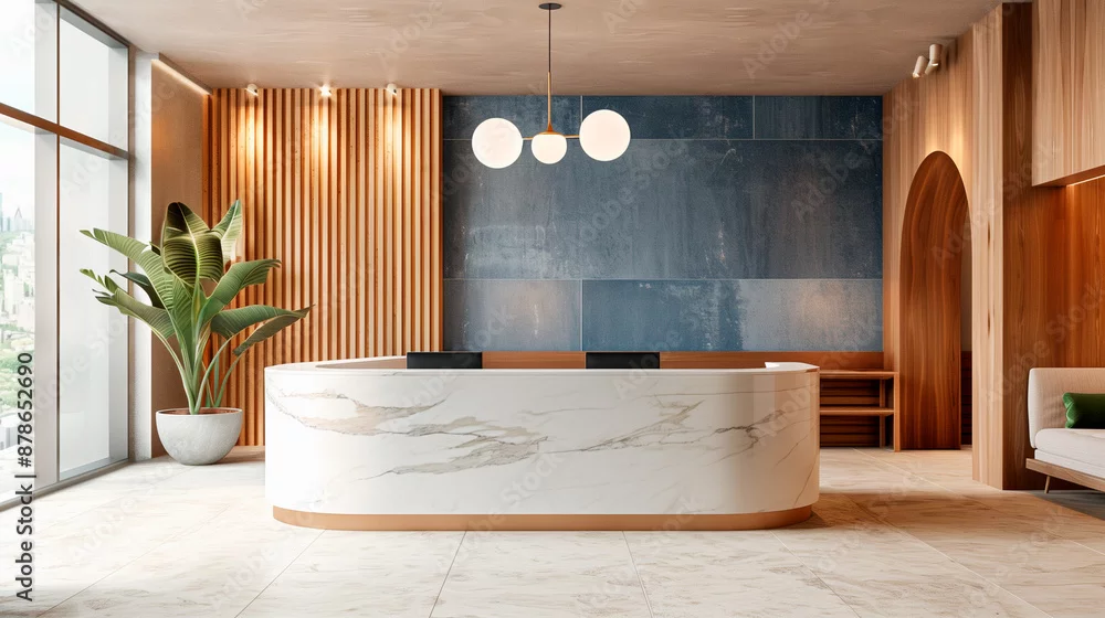 Modern studio reception with a deep blue wall, wood slats, and a curved marble counter